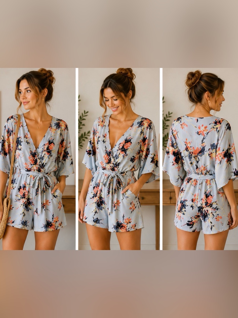591 Lulus Blue Floral Wrap Romper Kimono Sleeve Tie Waist Boho Medium